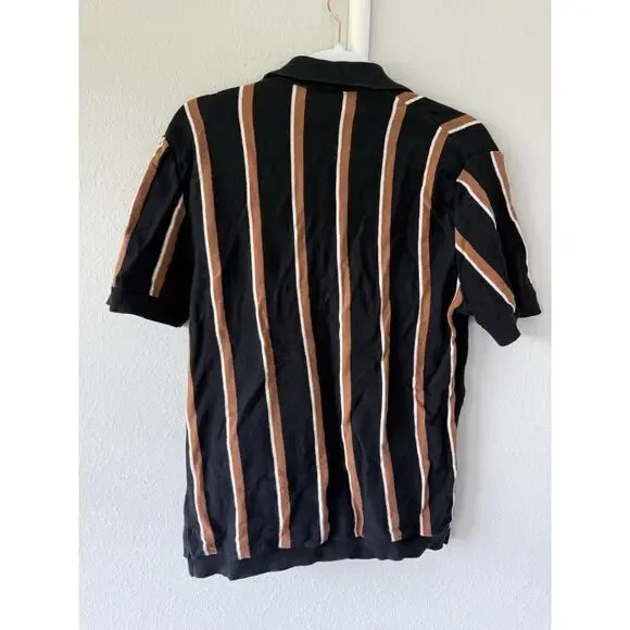 H&M Regular Fit Fine-Knit Striped Polo Shirt Black Beige White Cotton S - Picture 4 of 5